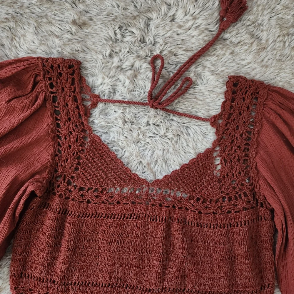 Free People Cynthia Crochet Crop Top Brick Red‎ Women's Size Large